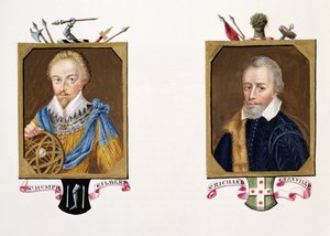 Dubbelporträtt av Sir Humphrey Gilbert (ca 1539-83) och Sir Richard Grenville (ca 1541-91) från "Memoirs of the Court of Queen Elizabeth", publicerad 1825 (wc och gouache på papper)